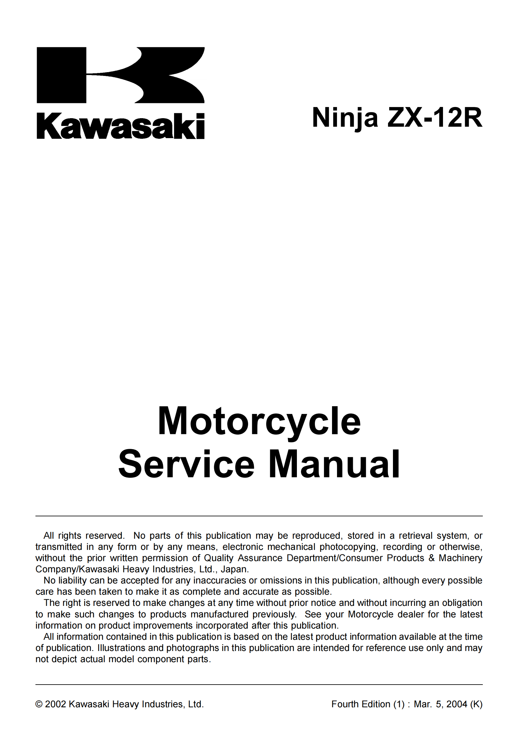 原版英文2002-2004年川崎zx12r kawasaki ZX-12R ZX1200 维修手册插图1